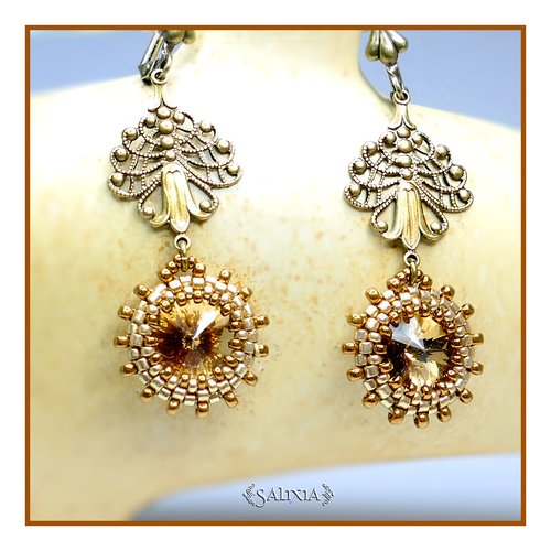 Pièce unique - boucles d'oreilles tissées style art déco laiton très haute qualité cabochons cristal topaze clair (#bo266)