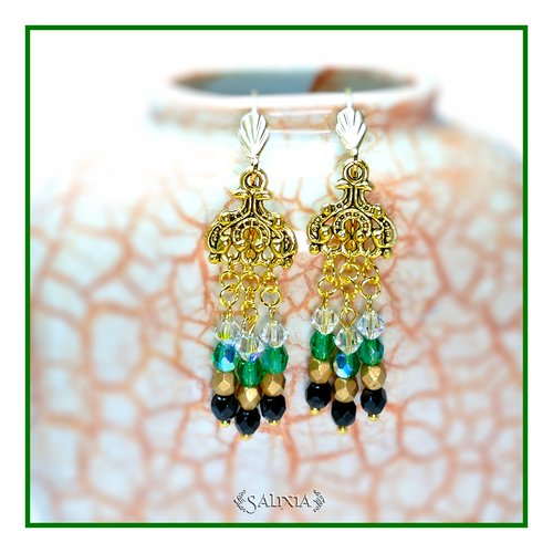 Boucles d'oreilles alyssa émeraude cristal perles de bohème dormeuses ou crochets en acier inoxydable doré (#bo282 p35)