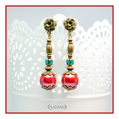 Boucles d'oreilles perles en porcelaine rouge cerise puces ou crochets au choix au choix (#bo283)