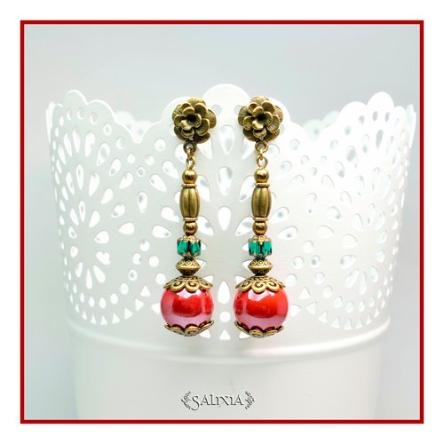 Boucles d'oreilles perles en porcelaine rouge cerise puces ou crochets au choix au choix (#bo283)