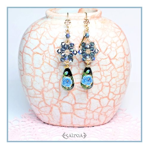 Boucles d'oreilles perles japonaises tensha et cristal dormeuses ou crochets en acier inoxydable doré au choix (#bo286)