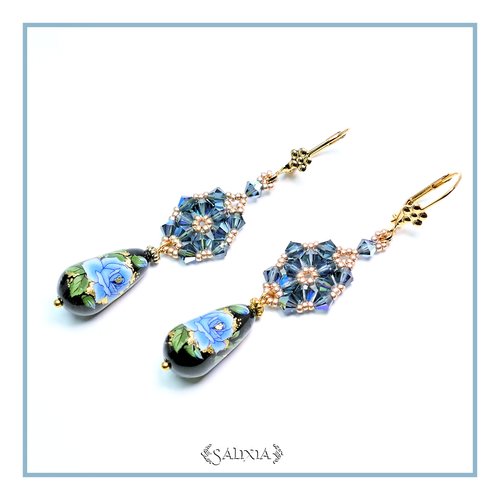 Boucles d'oreilles perles japonaises tensha et cristal dormeuses ou crochets en acier inoxydable doré au choix (#bo286)