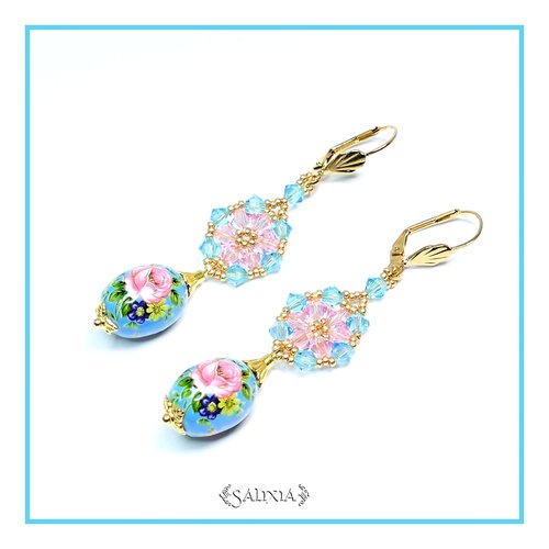 Boucles d'oreilles perles japonaises tensha et cristal dormeuses ou crochets en acier inoxydable doré au choix (#bo289)