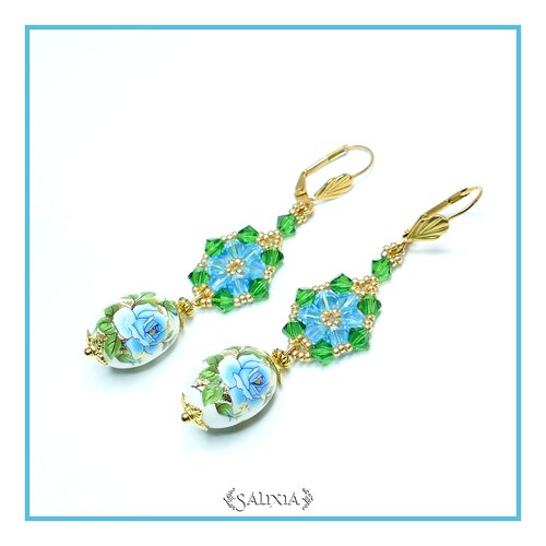 Boucles d'oreilles perles japonaises tensha et cristal dormeuses ou crochets en acier inoxydable doré au choix (#bo290)