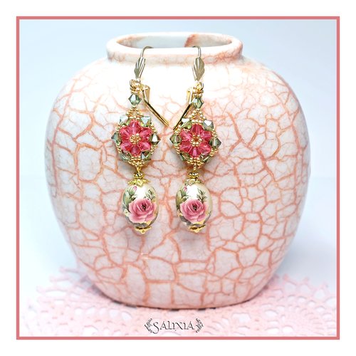 Boucles d'oreilles perles japonaises tensha et cristal dormeuses ou crochets en acier inoxydable doré au choix (#bo292)