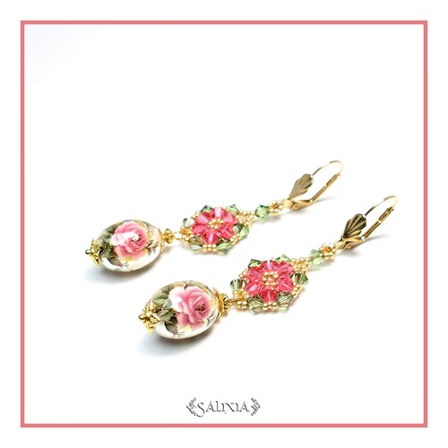 Boucles d'oreilles perles japonaises tensha et cristal dormeuses ou crochets en acier inoxydable doré au choix (#bo292)