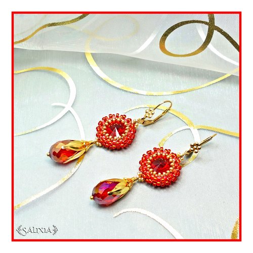 Pièce unique - boucles d'oreilles cabochons cristal rouge intense dormeuses ou crochets en acier inoxydable doré au choix (#bo296)