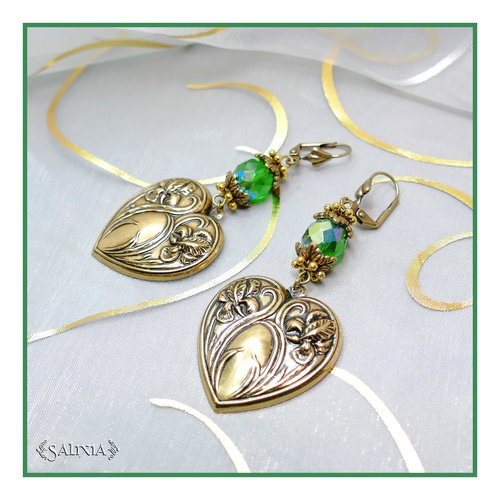 Pièce unique - boucles d'oreilles coeur d'iris style art nouveau en laiton très haute qualité dormeuses ou crochets au choix (#bo298)