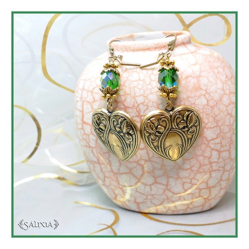 Pièce rare - boucles d'oreilles style art nouveau coeur d'iris en laiton très haute qualité dormeuses ou crochets au choix (#bo298)