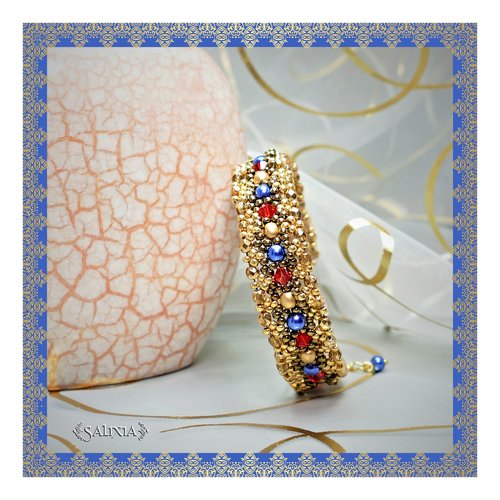 Bracelet "india" tissé à l'aiguille perles japonaises cristal rouge intense perles de bohème dorées et abricot métallisées (#bc66 p83)