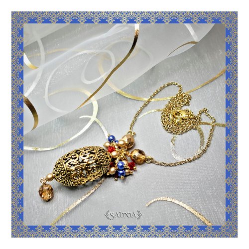 Collier pendentif "india" perle filigranée chaine et mousqueton acier inoxydable dorée (#c59 p83)
