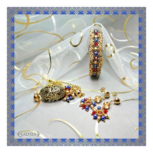 Collier pendentif "india" perle filigranée chaine et mousqueton acier inoxydable dorée (#c59 p83)