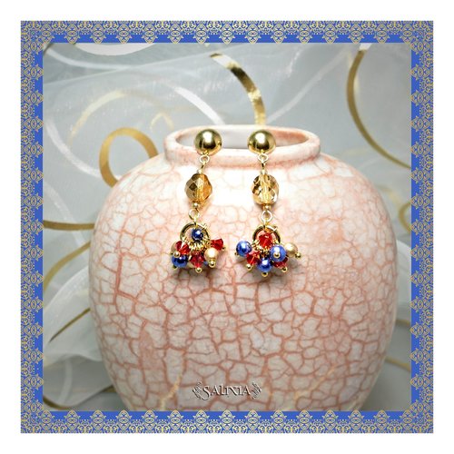 Boucles d'oreilles india cristal et perles de bohème puces ou crochets en acier inoxydable doré au choix (#bo299 p83)