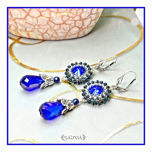 Boucles d'oreilles cabochons cristal bleu intense dormeuses ou crochets au choix (#bo300)