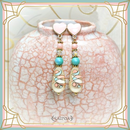 Boucles d'oreilles perles japonaises tensha puces coeur ou crochets acier inoxydable doré au choix (#bo305)