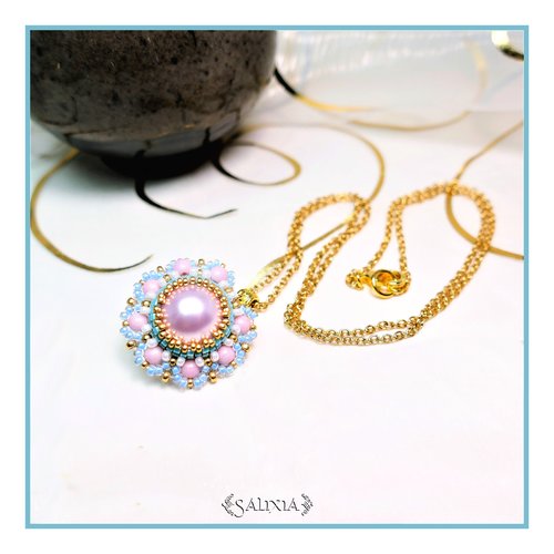 Collier pendentif floral "louisa" rose poudré chaine acier inoxydable doré (#c61)
