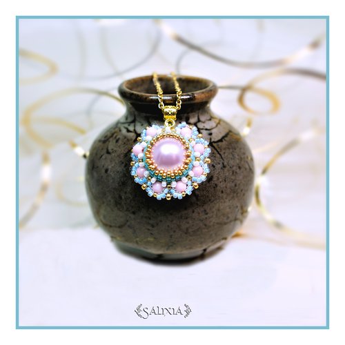 Collier pendentif floral "louisa" rose poudré chaine acier inoxydable doré (#c61)