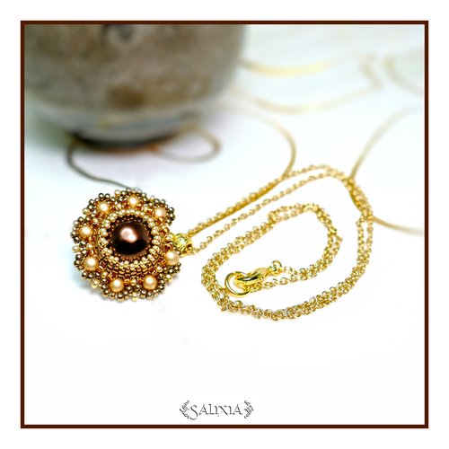 Collier pendentif floral "louisa" chocolat chaine acier inoxydable doré (#c62)