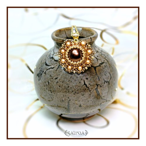 Collier pendentif floral "louisa" chocolat chaine acier inoxydable doré (#c62)