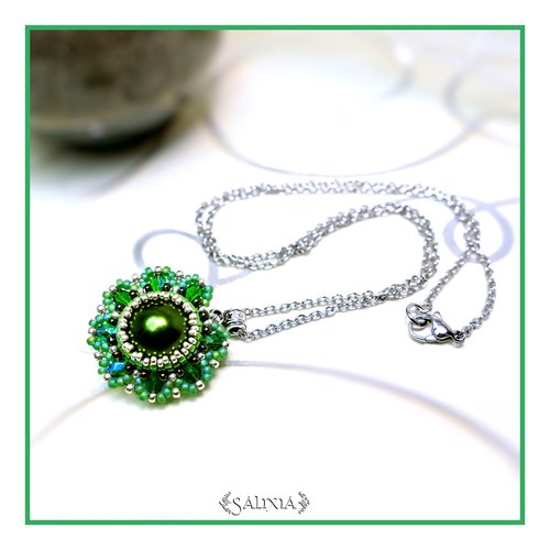 Collier pendentif floral "louisa" vert impérial chaine acier inoxydable (#c63)