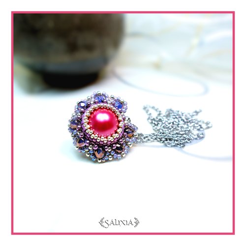 Collier pendentif floral "louisa" rose ancien chaine acier inoxydable (#c65)