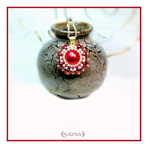Collier pendentif floral "louisa" rouge satiné chaine acier inoxydable doré (#c66)