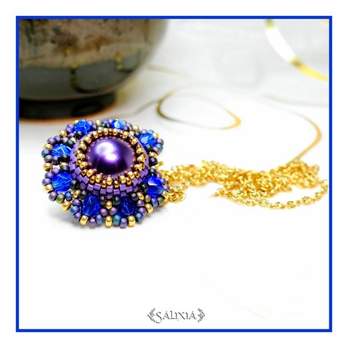 Collier pendentif floral "louisa" améthyste nacré chaine acier inoxydable doré (#c68)