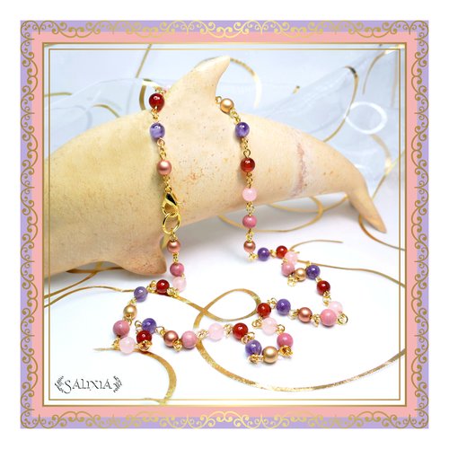 Collier ou bracelet 3 rangs "lysandra" doré, pierres fines de cornaline, d'améthyste, de rhodonite et de quartz rose (#c71 p85)