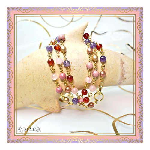 Collier ou bracelet 3 rangs "lysandra" doré, pierres fines de cornaline, d'améthyste, de rhodonite et de quartz rose (#c71 p85)