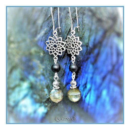 Boucles d'oreilles labradorite agate noire givrée dormeuses ou crochets acier inoxydable (#bo310)