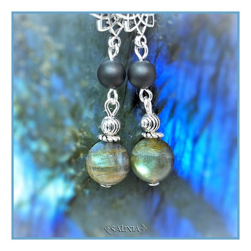 Boucles d'oreilles labradorite agate noire givrée dormeuses ou crochets acier inoxydable (#bo310)