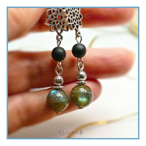 Boucles d'oreilles labradorite agate noire givrée dormeuses ou crochets acier inoxydable (#bo310)