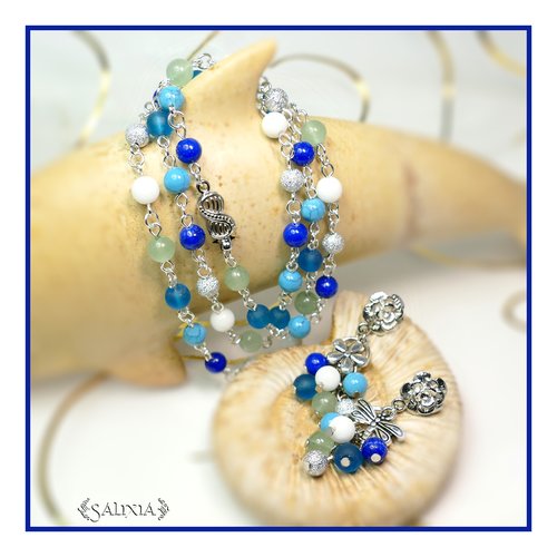 Collier ou bracelet 3 rangs "lysandra argent, pierres fines d'aventurine et de jade (#c72 p86)