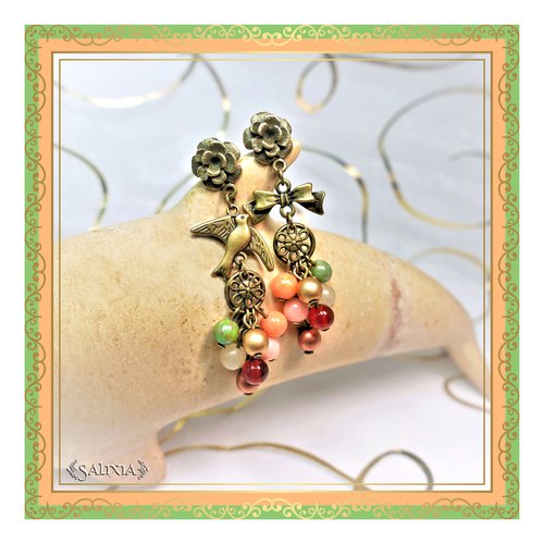 Boucles d'oreilles "lysandra" bronze pierres fines de cornaline et de jade puces crochets ou dormeuses au choix (#bo312 p87)