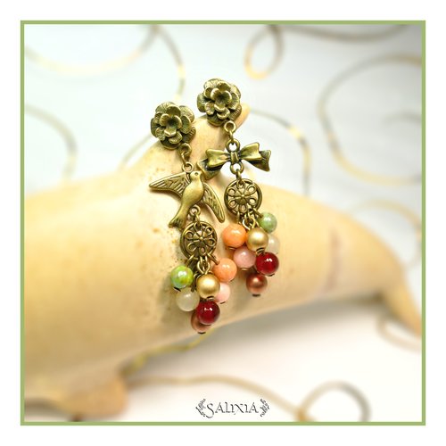 Boucles d'oreilles "lysandra" bronze pierres fines de cornaline et de jade puces crochets ou dormeuses au choix (#bo312 p87)