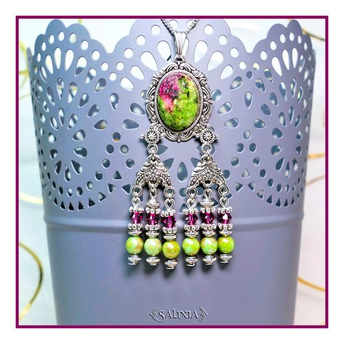 Pièce unique - collier amanda pendentif cabochon zoisite-rubis naturel laiton très haute qualité chaine acier inoxydable (#c75 p88)