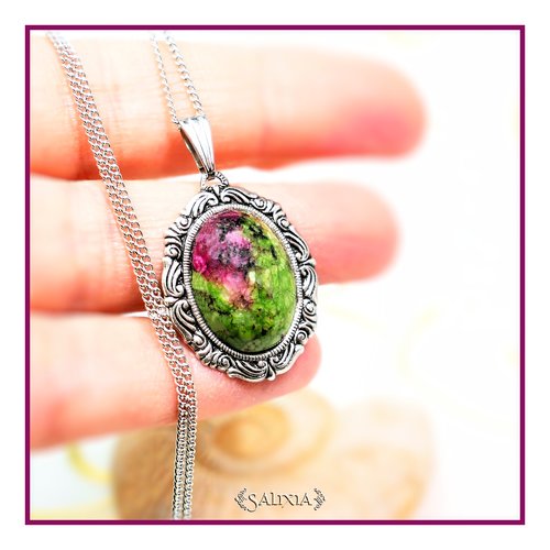 Pièce unique - collier amanda pendentif cabochon zoisite-rubis naturel laiton très haute qualité chaine acier inoxydable (#c75 p88)