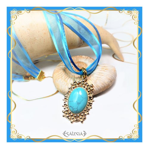 Pièce unique - collier pendentif cabochon pierre fine de turquoise véritable ruban ou chaine et mousqueton acier inoxydable doré (#c74)