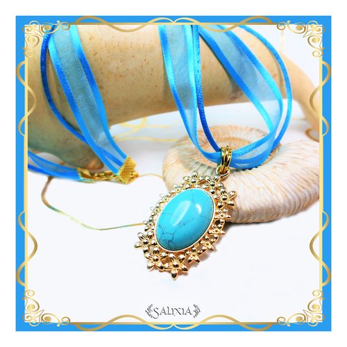 Pièce unique - collier pendentif cabochon pierre fine de turquoise véritable ruban ou chaine et mousqueton acier inoxydable doré (#c74)