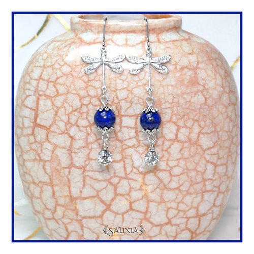Boucles d'oreilles libellules de style art nouveau pierres fines de lapis lazuli crochets acier inoxydable (#bo314.a)