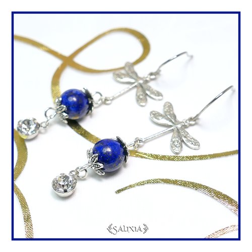Boucles d'oreilles libellules de style art nouveau plaqué argent perles lapis lazuli crochets acier inoxydable (#bo314.a)