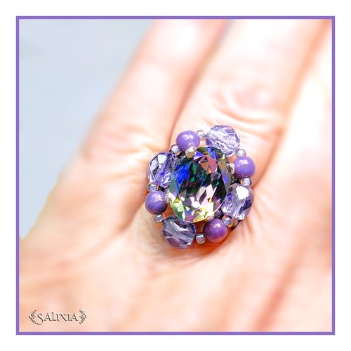 Bague tissée cabochon cristal et perles de bohème (#bg2) - vidéo hd disponible dans détails