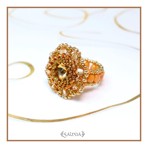 Bague tissée cabochon cristal topaze et perles de bohème (#bg5) - vidéo hd disponible dans détails