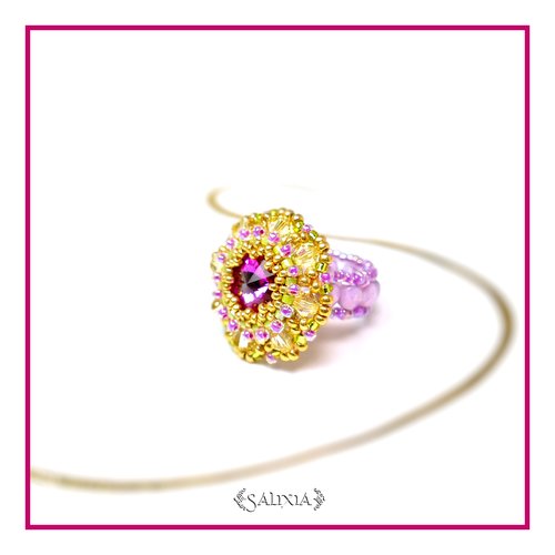 Bague "ophelia" cabochon cristal fuchsia, perles de bohème (#bg6 p91) - vidéo hd disponible dans détails