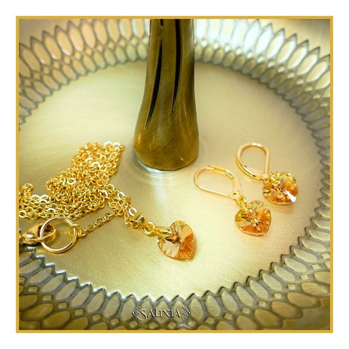Parure "aurora" coeurs en cristal chaîne acier inoxydable doré dormeuses laiton doré à l'or fin - option collier et bo séparés (#p93)