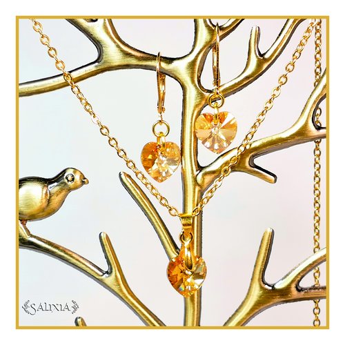 Parure "aurora" coeurs en cristal chaîne acier inoxydable doré dormeuses laiton doré à l'or fin - option collier et bo séparés (#p93)
