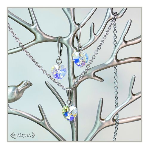 Parure "selena"  coeurs en cristal aurore boréale chaîne et dormeuses en acier inoxydable - option collier et bo séparés (#p94.a)