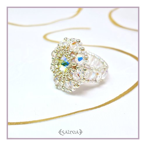 Bague tissée cabochon cristal aurore boréale et perles de bohème (#bg8) - vidéo hd disponible dans détails