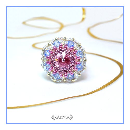 Bague tissée cabochon cristal rose, perles de bohème (#bg9) - vidéo hd disponible dans détails