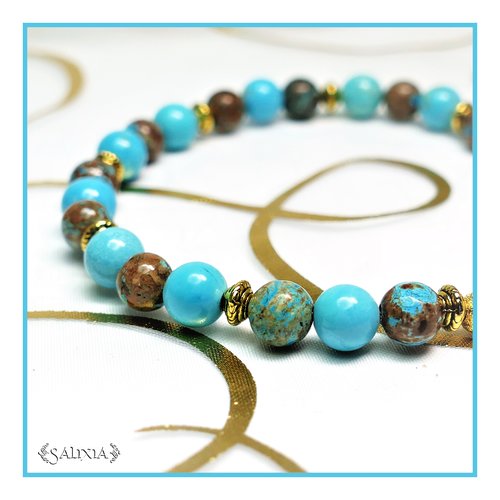 Bracelet "kalinda" agate d'indonésie et turquoise naturelle mousqueton acier inoxydable doré (#bc67 p92)